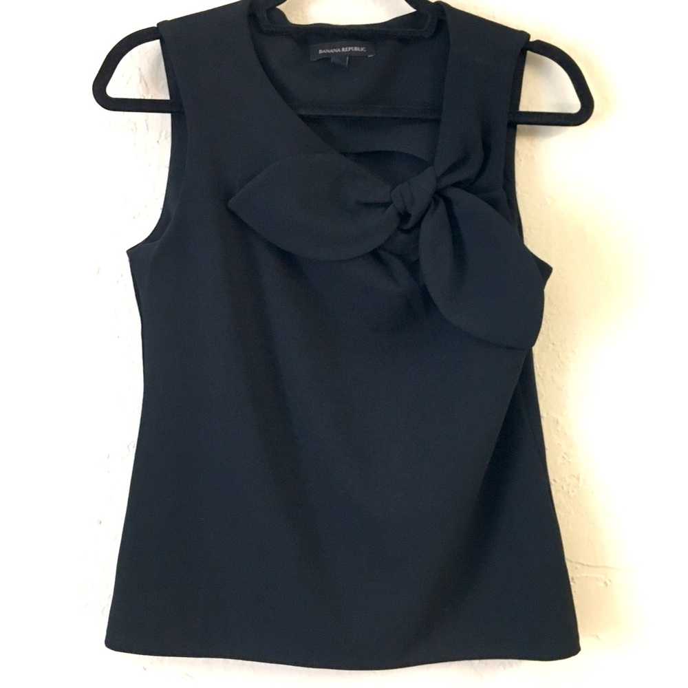 Banana Republic Sleeveless Bow Detail Blouse Tank XS Black Ponte Knit Stretch